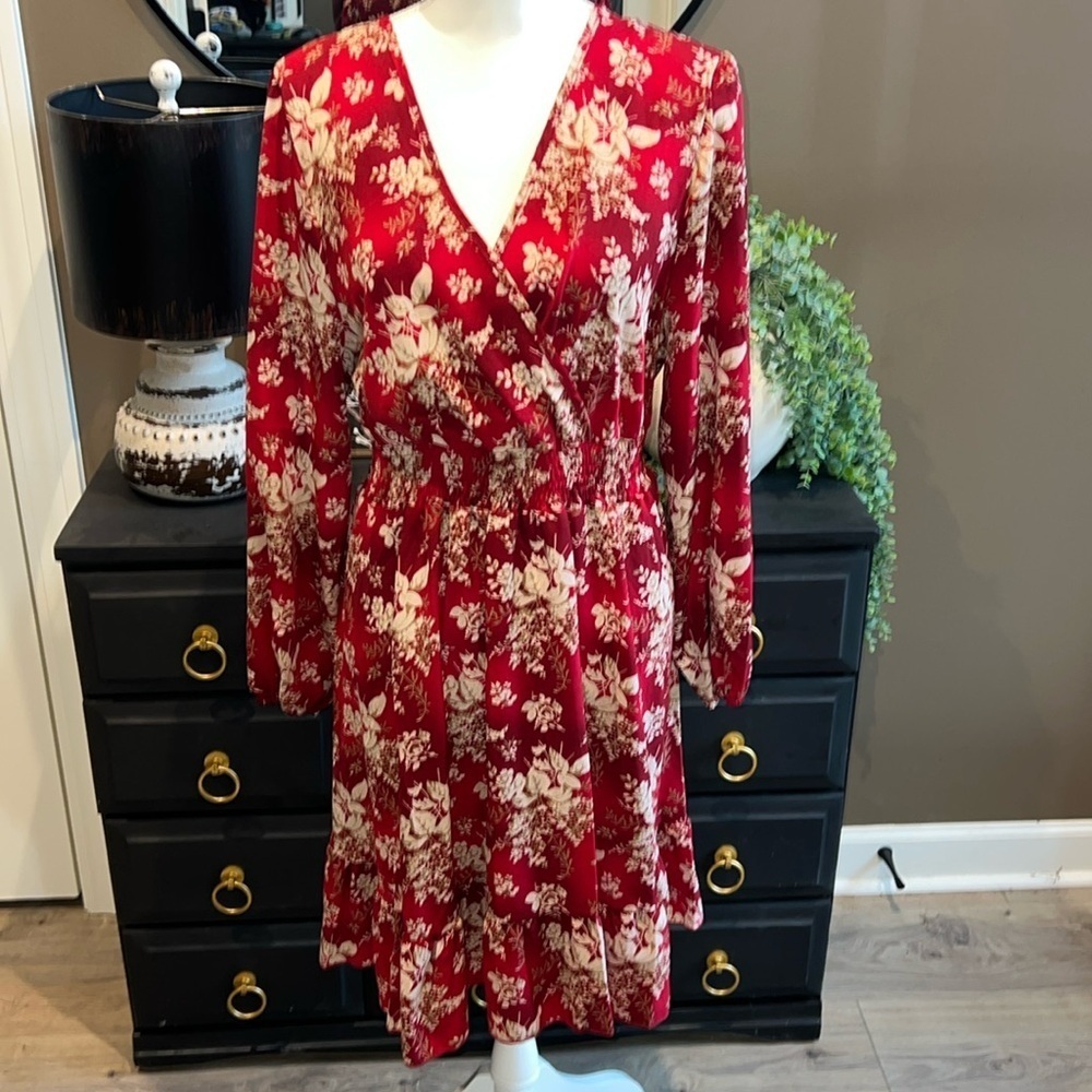 Red Floral Print Long Sleeve Surplice Dress Size 2X